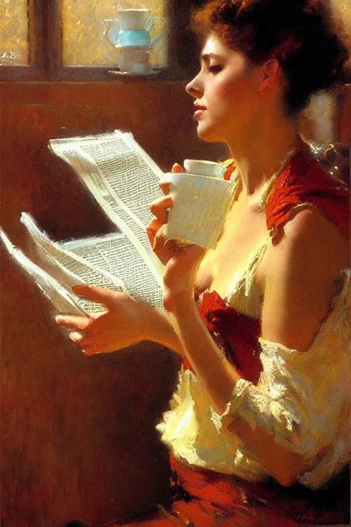 Prompt: attractive woman drinking coffee and reading newspaper, painting by gaston bussiere, craig mullins