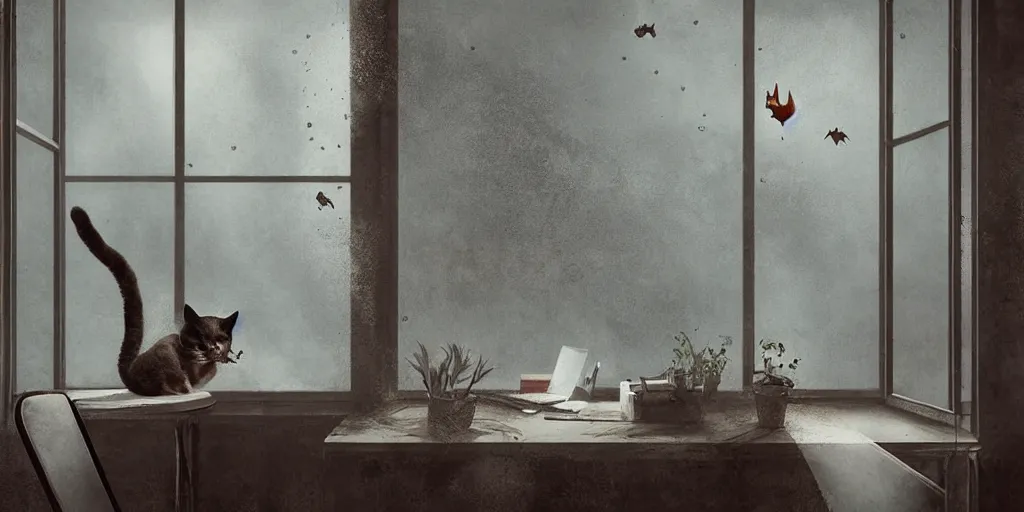 Image similar to a cat on a desk in an office with mirrors potted plants a gloomy and strange atmosphere a bit of mist ornate walls and luminous fish entering through the window by nikolina petolas