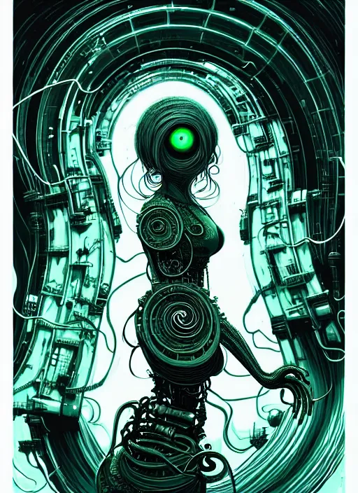 Prompt: highly detailed portrait of a biopunk long curly white hair tribal lady, stray wiring by atey ghailan, james gilleard, by joe fenton, by greg rutkowski, by greg tocchini, by kaethe butcher, 4 k resolution, gradient green, black and white color scheme!!! ( ( irradiated robotic spiral whirlwind background ) )