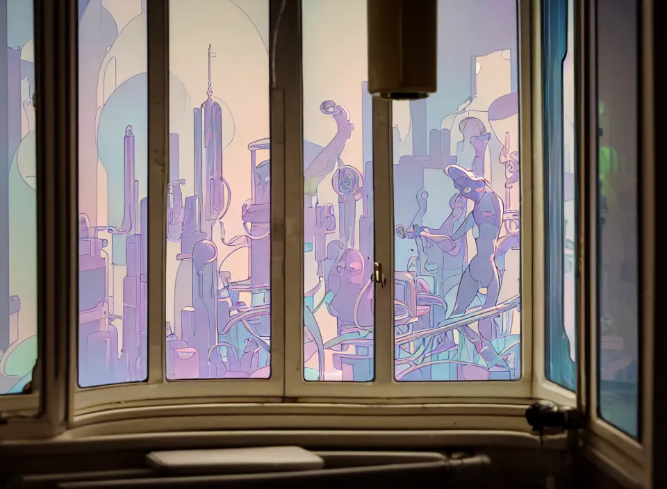 Prompt: telephoto 7 0 mm f / 2. 8 iso 2 0 0 photograph depicting the feeling of power in a cosy cluttered french sci - fi ( art nouveau ) pale cyberpunk apartment in a pastel dreamstate art cinema style. ( aquarium, body building, window ( city ), led indicator, lamp ( ( ( mirror ) ) ) ), ambient light.