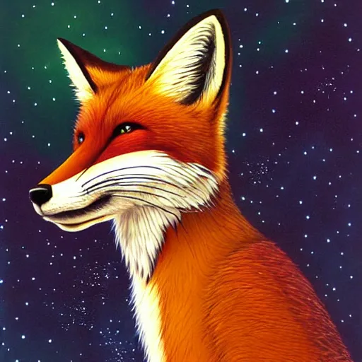 Image similar to a portrait of fox mccloud by peter elson, furry art : he is looking to the side, profile, with a sci fi city background by syd dutton