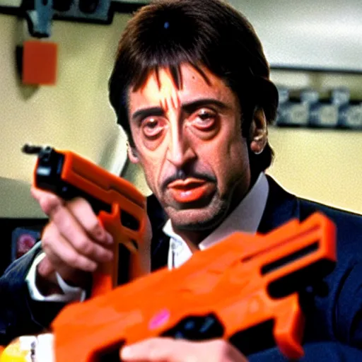 Prompt: Realistic photo of Al Pacino in Scarface, holding a Nerf Gun, standing inside a Chuck E. Cheese