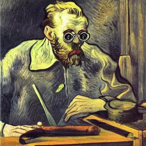 Image similar to grumpy software dev working on a pair of spectacles, surreal, dali, van gogh