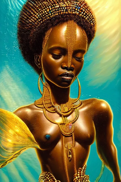 Image similar to hyperrealistic full body very expressive! translucent african goddess, cinematic underwater scene, gold jewerly, highly detailed face, digital art masterpiece, smooth eric zener cam de leon, dramatic pearlescent turquoise light on one side, low angle uhd 8 k, shallow depth of field