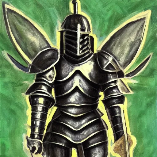 Prompt: a full armored knight praising a cannabis leaf. oil painting. 4 k.