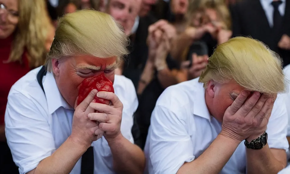 Prompt: Donald Trump crying because he is not allowed to eat burgers