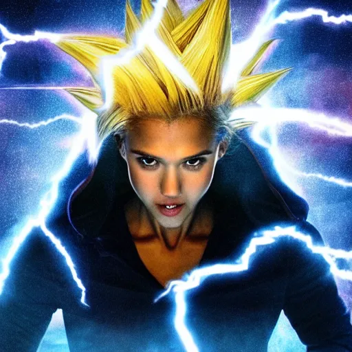 Image similar to face photo of jessica alba as super saiyan as goku powering up wearing hoodie electric energy dramatic lighting by annie leibovitz