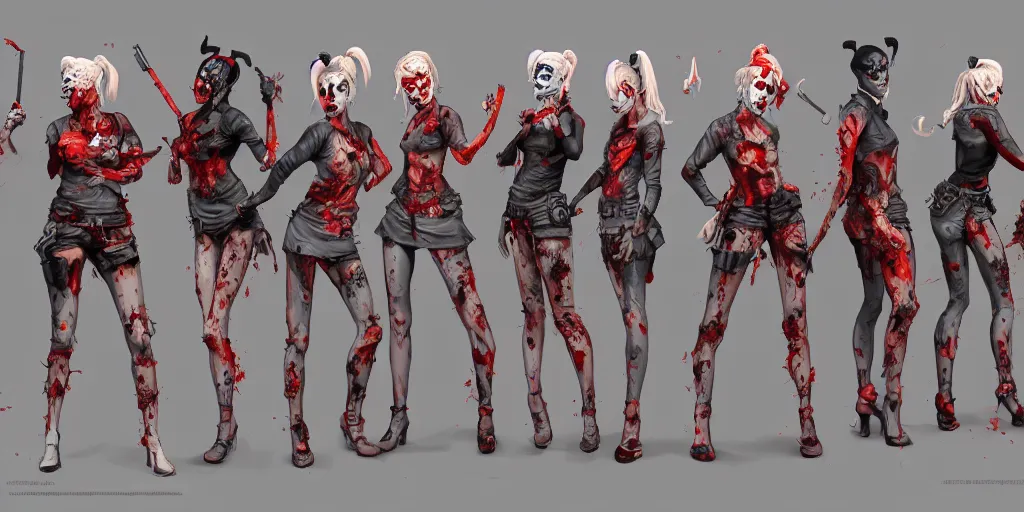 Image similar to zombie harley quinn, character sheet, concept design, contrast, kim jung gi, greg rutkowski, zabrocki, karlkka, jayison devadas, trending on artstation, 8 k, ultra wide angle, pincushion lens effect