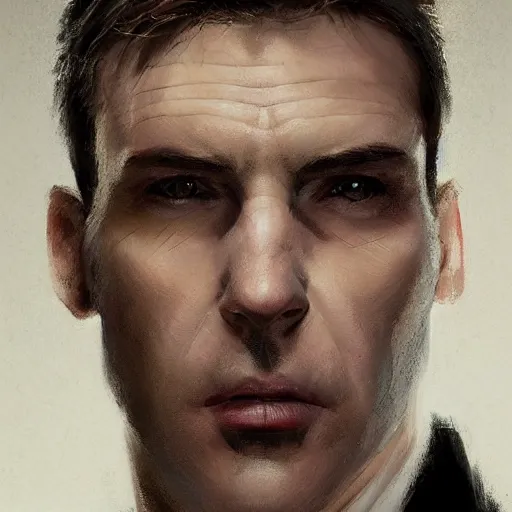 Image similar to Portrait of a man by Greg Rutkowski, he is about 40 years old, mixture between russian and irish, side parted combover brown hair, attractive, NARROW sharp ANGULAR hawkish features, hooked nose , extremely pale white skin, smart looking, he is wearing a black futuristic lawyer outfit, highly detailed portrait, scifi, digital painting, artstation, concept art, smooth, sharp foccus ilustration, Artstation HQ