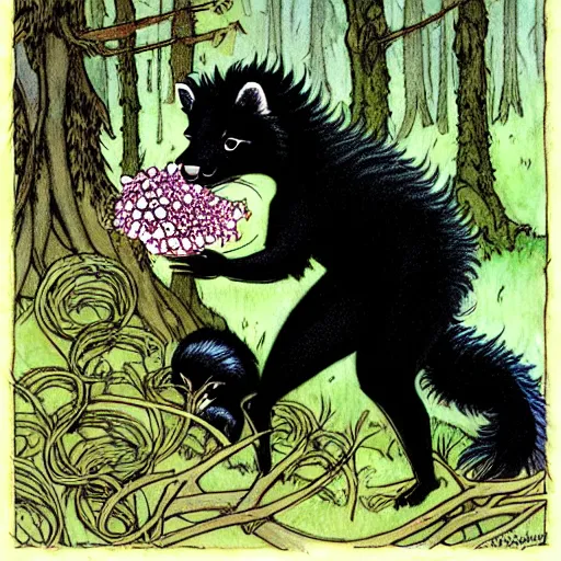 Image similar to A cute sleek-furred skunk-girl Herbalist collecting flowers in the forest. Absurdly-detailed fantasy character illustration by Rebecca Guay and Wayne Reynolds