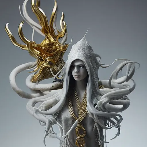 Image similar to angelarium, illithid, cthulhu, white with gold accents, sculpture by ellen jewett