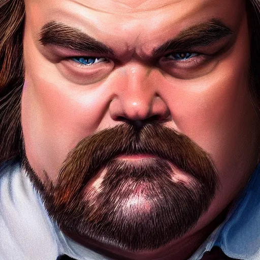 Image similar to beautiful close up still portrait of jack black, highly detailed, realistic, volumetric lighting, 8 k, art, detailed, digital painting, beautiful lighting, vivid colors, intricate, elegant, smooth, sharp focus