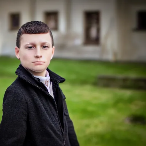 Prompt: a personal close up portrait of a 9 year old man from slovakia, his hair is brown and short, his eyes are green, his face is symmetric and friendly, he's proud to be where he is in life, black jacket, ambient light, beautiful composition, magazine photography, full frame, 5 0 mm, f 1. 8