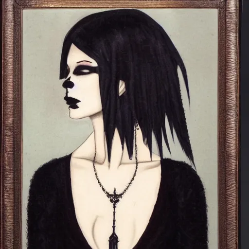 Image similar to A portrait of the character, Death, a young Goth girl wearing a black vest