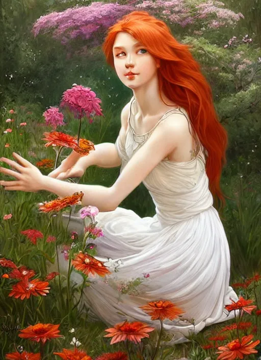 Image similar to a beautiful red haired girl in white dress sitting on wooden trunk in a garden holding a bunch of wild flowers, deep focus, d & d, fantasy, intricate, elegant, highly detailed, digital painting, artstation, concept art, matte, sharp focus, illustration, hearthstone, art by artgerm and greg rutkowski and alphonse mucha