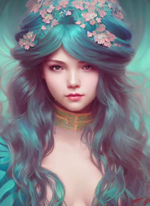 Image similar to beautiful girl with long turqoise hair, cute, intricate, highly detailed, digital painting, trending on artstation, concept art, smooth, sharp focus, illustration, unreal engine 5, 8 k, art by rossdraws and alphonse mucha