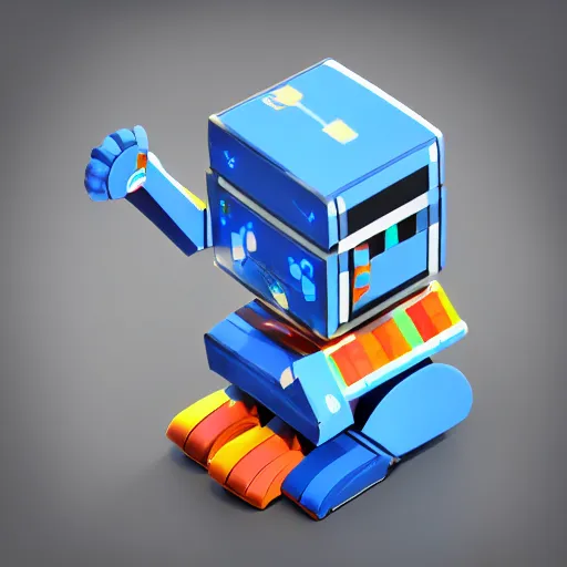 Image similar to chubby cute mobile game robot, 1 0 0 mm, 3 d render, isometric, blue background,