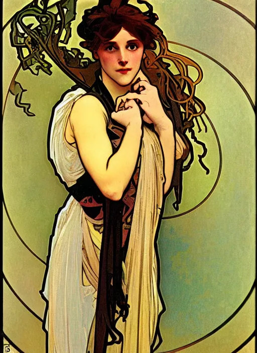 Prompt: a portrait of a pretty sewer punk young lady by alphonse mucha