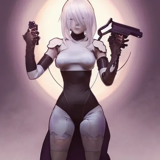 Prompt: a digital concept art by artgerm and greg rutkowski and alphonse mucha. clear portrait of 2 b nier automata in a skintight suit holding a gun!! hyper detailed, character concept, full body!! dynamic pose, glowing lights!! intricate, elegant, highly detailed, digital painting, artstation, concept art, smooth, sharp focus, illustration