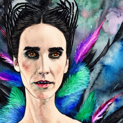 Image similar to detailed colorful watercolor of jennifer connelly as odile the black swan, disney villain, black feathers instead of hair, black feathers growing out of skin, shapeshifting, black feathers growing out of face, floating in zero gravity on spacecraft, science fiction, highly detailed, david mack, trending on artstation