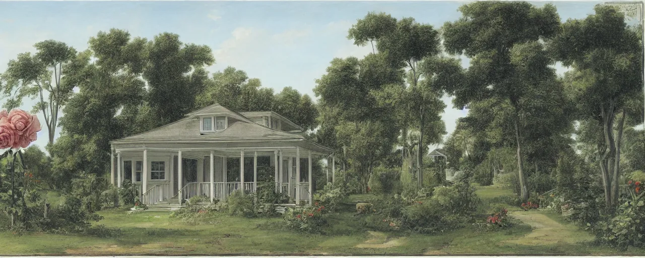 Prompt: Suburban landscape, trees and roses, cut house with a wraparound porch
