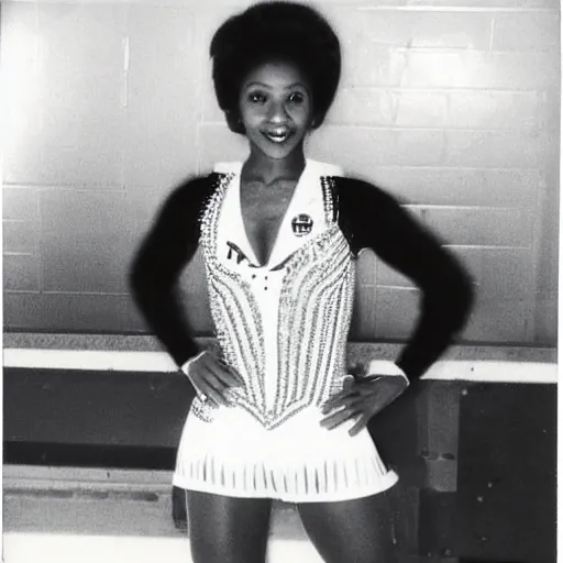 Image similar to a medium full shot, german and eastern european mixture polaroid photograph depicting a black woman with dark brown skin, long, swirling black hair, and jade colored eyes, she is ice skating. she is wearing wearing a ice skating ensemble in 1 9 8 2.