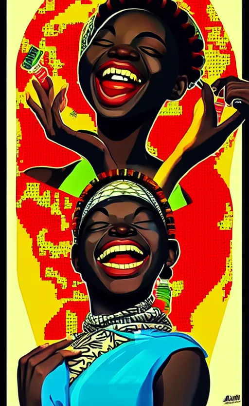 Prompt: mama africa laugh at her child!!! pop art, pixel, bioshock, gta chinatown, artgerm, richard hamilton, mimmo rottela, julian opie, aya takano, ultra realistic visual!!!