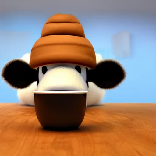 Image similar to cute furry cow character with a cup of coffee on top of his head, 3d render by Pixar, raytracing, 4k, movie still