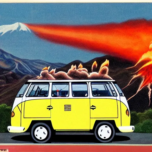 Prompt: a caricature drawing of a vw volkswagen bus, camper, bulli, type - 2, microbus, kombi, flying towards the camera, viewer, a vulcano is erupting in the background