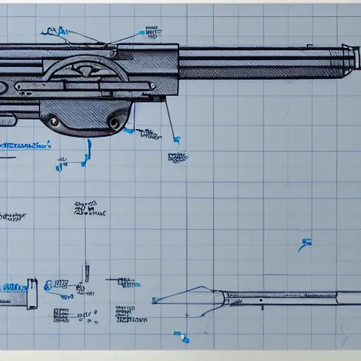 Image similar to blueprint of a laser space gun, technical drawing, concept art