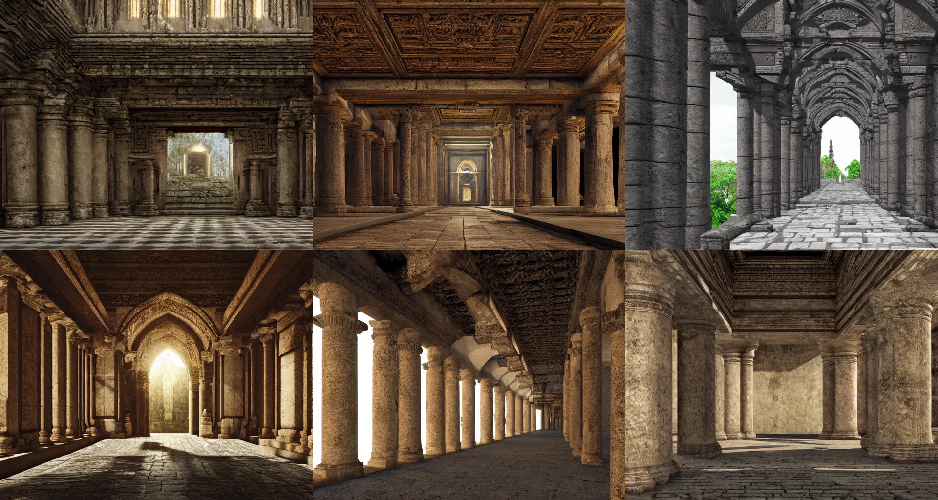 Prompt: Interior of a ancient temple with a bridge, gothic architecture, Dave Rapoza, wide shot, cenital, hyper realistic, 4k resolution, artwork, digital art, cinematic, intrincate, wide shot, bokeh, light shaft