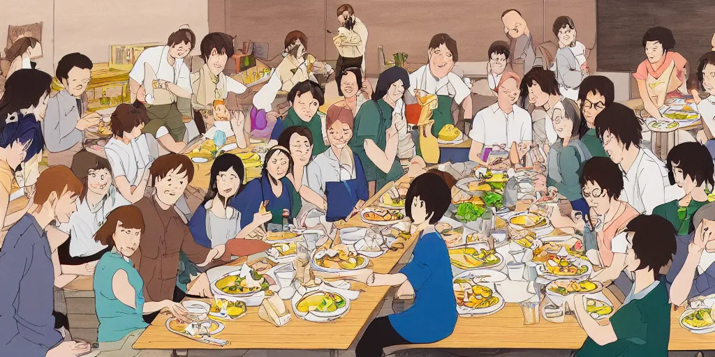 Image similar to drawing of work colleagues of a design studio get together to feast on a big table with lots of food in the style of studio ghibli