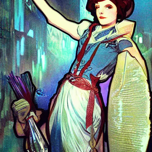 Prompt: realistic little sister of bioshock painted by alfons mucha sharp focus