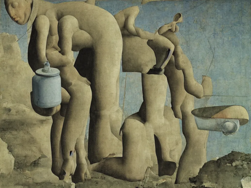 Image similar to detail woman washing with water jug. Horse, cypress tree. Comet. Painting by Piero della Francesca, Balthus, Morandi
