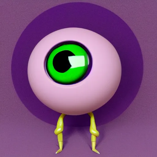 Image similar to photo of a comically tiny clay model of character with large spherical purple head and large childlike eyes with comically tiny body and spindly limbs leans close to the camera, fish eye lens, 4 k, hyper realistic, hyper detailed face, octane render, comedic, cute