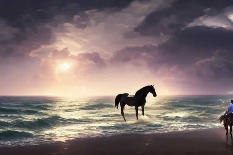 Prompt: photo of man riding a horse along the beach, glowing underwater waves toward a lighthouse in the distance guiding his way, silhouette, wide horizon, large white clouds, seagulls, night, intricate, elegant, highly detailed, digital painting, artstation, concept art, smooth, sharp focus, illustration, art by artgerm and greg rutkowski and fra angelico