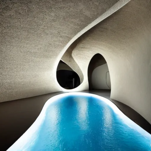 Image similar to curved futuristic room interior with spongy walls. there is a swimming pool on the floor