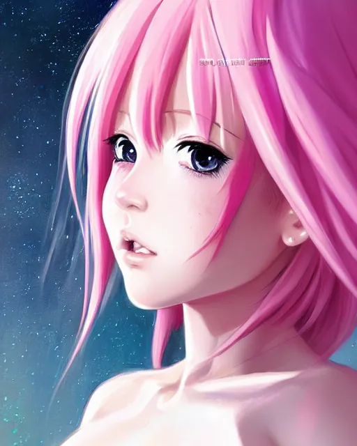 Image similar to portrait Anime pink haired space cadet girl Anna Lee Fisher anime cute-fine-face, pretty face, realistic shaded Perfect face, fine details. Anime. realistic shaded lighting by Ilya Kuvshinov Giuseppe Dangelico Pino and Michael Garmash and Rob Rey, IAMAG premiere, aaaa achievement collection, elegant freckles, fabulous, daily deviation, annual award winner