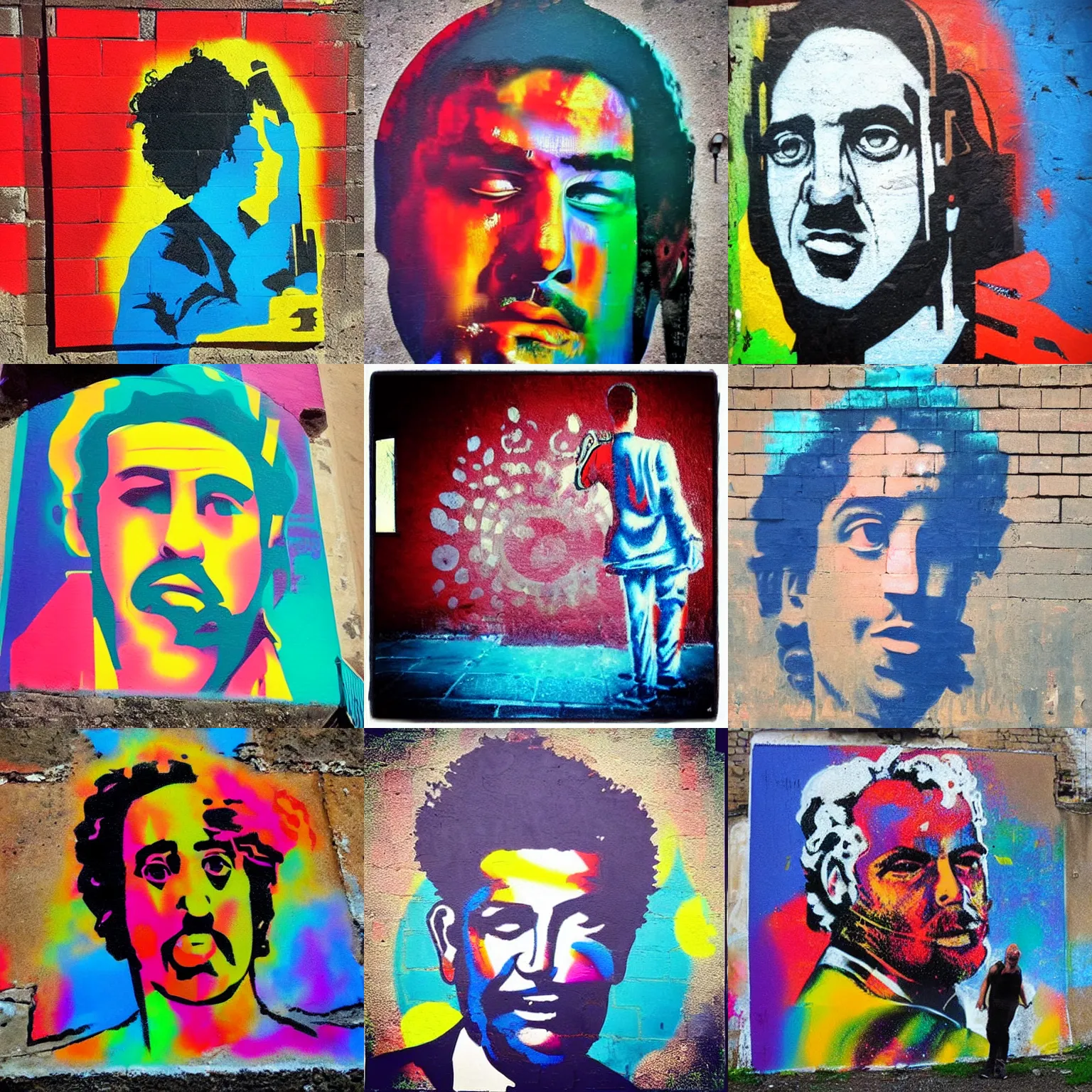Prompt: “Spray paint stencil portrait of a Greek musician on the city wall, colorful, but very good looking”