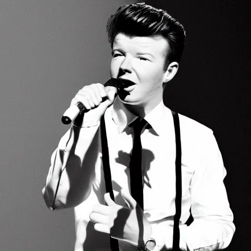 Prompt: young Rick Astley singing into a microphone, dancing, black suit, black and white striped shirt, white background