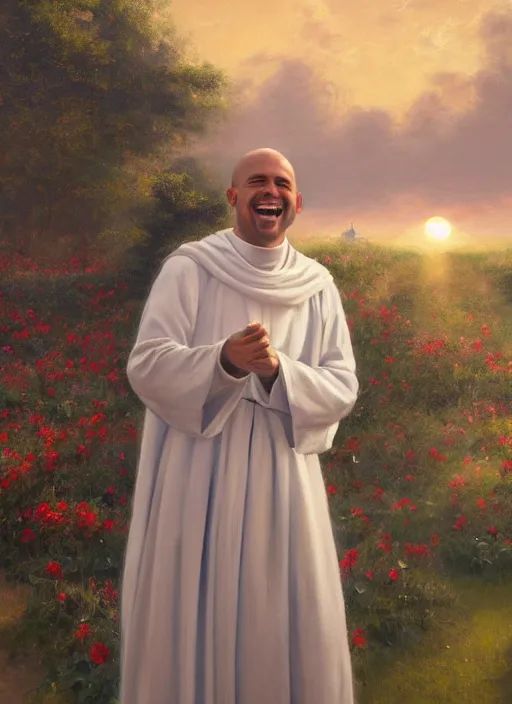 Prompt: oil painting portrait of a happy joyful rejoicing smiling tonsured dominican monk in a white habit, standing in a flourishing garden at sunset with a monastery in the background, hazy, digital art, chiaroscuro, artstation, cinematic, golden hour, digital art painting by greg rutkowski, hazy atmosphere, flowers, cinematic lighting