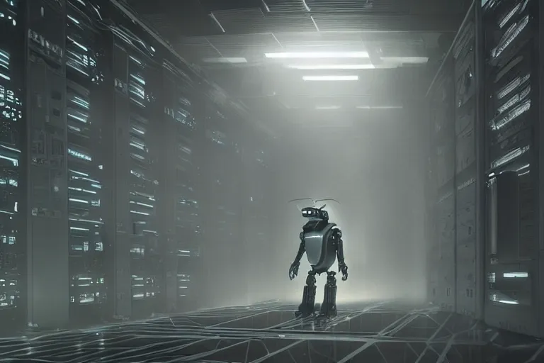 Image similar to extremely detailed cinematic movie still 3 0 7 7 foggy portrait shot of a robot in an endless data centre by denis villeneuve, wayne barlowe, simon birch, philippe druillet, beeple, volumetric sunlight from small windows