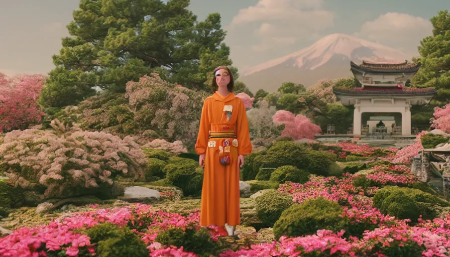 Prompt: , movie still by wes anderson of a beautiful girl wearing gucci exploring a magical japanese garden of flowers, glowing temple in the distance, floating deity heads, magic details, cinestill 8 0 0 t eastmancolor technicolor, high quality, very detailed, heavy grain, fine facial features, 8 k, octane render