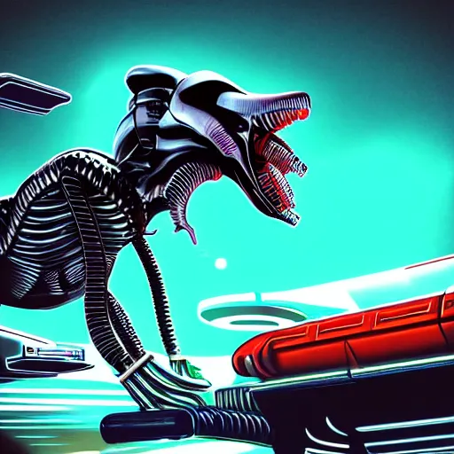 Prompt: a very detailed photorealistic xenomorph sitting in a retro 80s spaceship