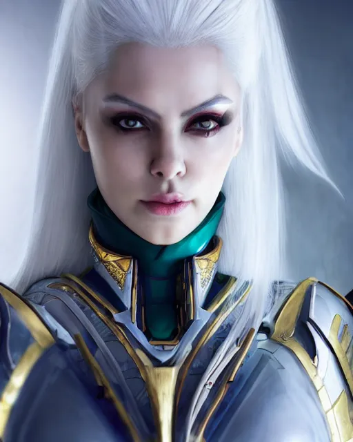 Image similar to perfect white haired attractive egyptian goddess, warframe armor, beautiful, symmetric, dreamy, half asian, pretty face, green eyes, charlize theron, detailed, scifi platform, laboratory, experiment, 4 k, ultra realistic, epic lighting, android body, illuminated, cinematic, masterpiece, art by akihito tsukushi, voidstar