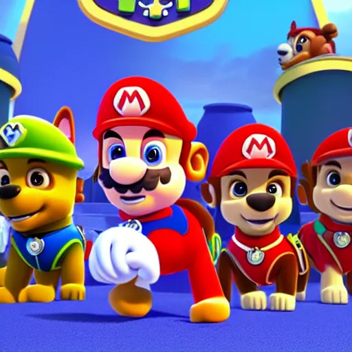 Prompt: a still of mario in paw patrol, cgi, detailed,