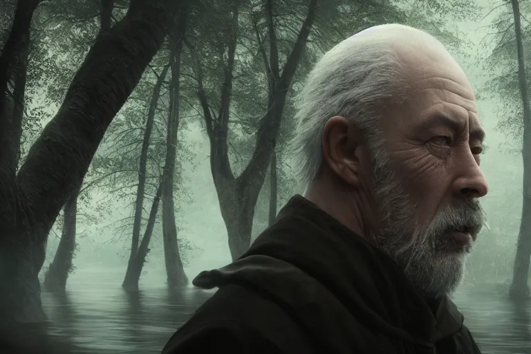 Image similar to an ultra realistic cinematic close up headshot portrait of an evil wizard, background of a vast serene landscape with trees and rivers, detailed, deep focus, movie still, dramatic lighting, ray tracing, by michal karcz and yoshitaka amano