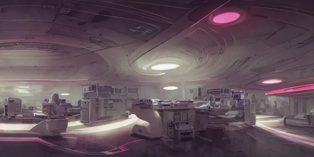 Image similar to circular spaceship medic room laboratory , thick mist, low ceiling, cables hanging from ceiling, thick cables on ground, god rays of light, huge computer screens, neons, saturated top light , epic scene, scifi, illustration, art by Juan Giménez and moebius
