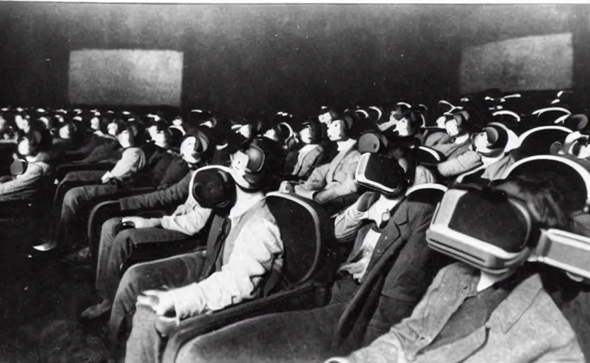 Image similar to 1 9 0 0 s photo of people using iphones ipods virtual reality headsets vr in a movie theater masterpiece