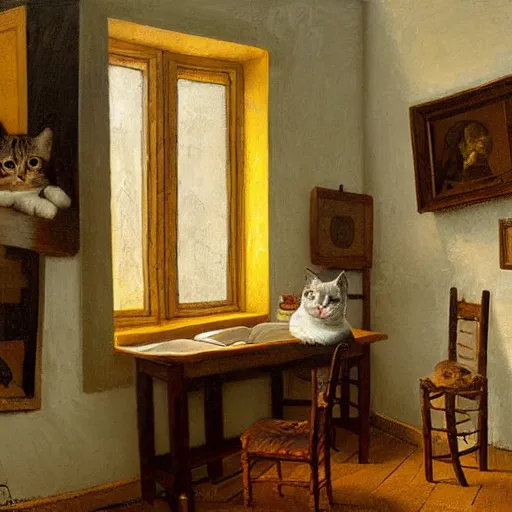 Image similar to a cozy little office nook with a cat in it, dmitry spiros, leonardo da vinci, jacques - louis david, johannes vermeer, 8 k, wide angle,